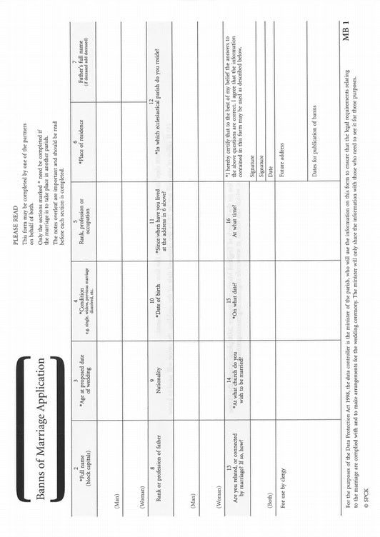 Image of Banns of Marriage Application MB 1 : Pack of 50 Forms other