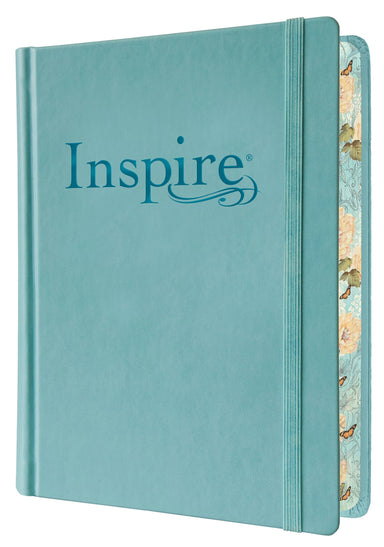 Image of NLT Inspire Colouring, Bible, Turquoise, Hardback, Two-inch-wide ruled margins, Line-art illustrations, Colour-in Scripture art, Ribbon marker, Elastic band closure other