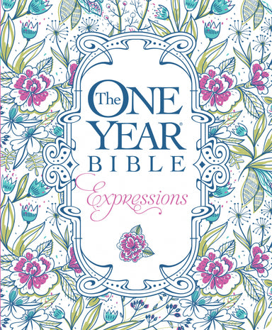 Image of NLT The One Year Bible Expressions Devotional Bible for Women White Paperback Journaling Bible Wide Margin Adult Colouring Devotional Presentation Page Illustrated Bible other