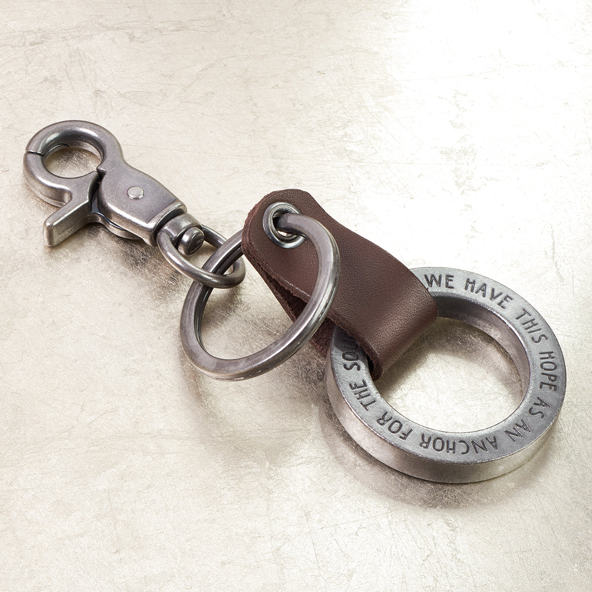 Image of Hope As An Anchor Stamped Keyring with Brown Genuine Leather Loop - Hebrews 6:19 other