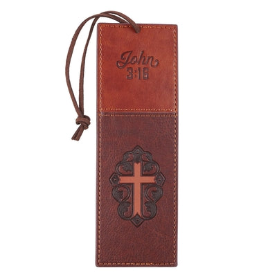 Image of John 3:16 Collection Two-Tone Brown Faux Leather Bookmark  With Cross other