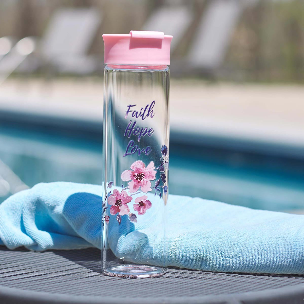 Image of Faith Hope Love Glass Water Bottle in Pink - 1 Corinthians 13:13 other