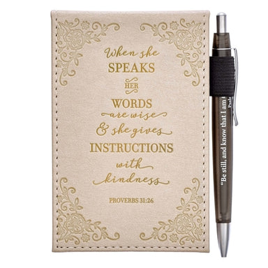 Image of When She Speaks Faux Leather Notepad and Pen - Proverbs 31:26 other