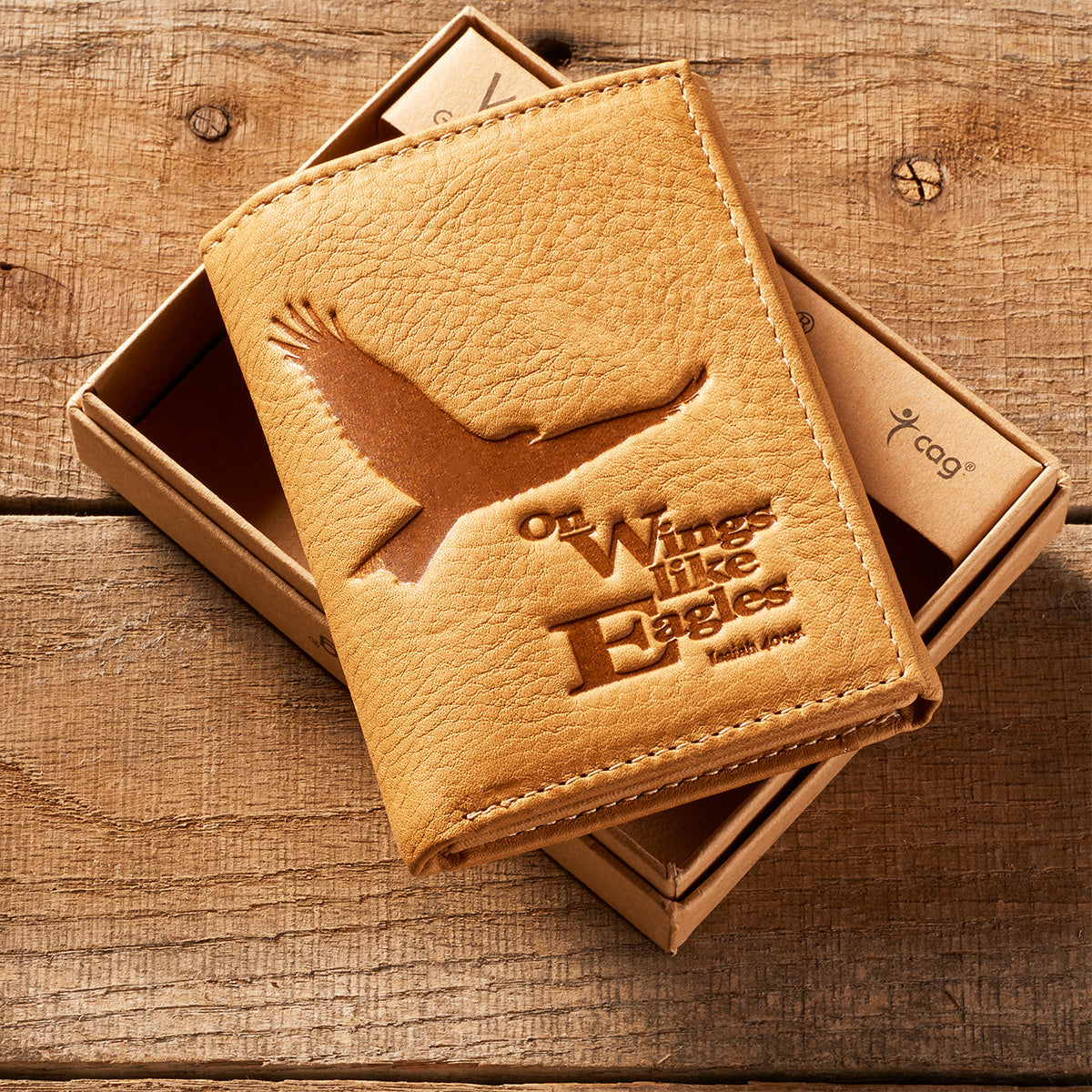 Image of Saddle Tan Genuine Leather Tri-Fold Wallet - Isaiah 40:31 other