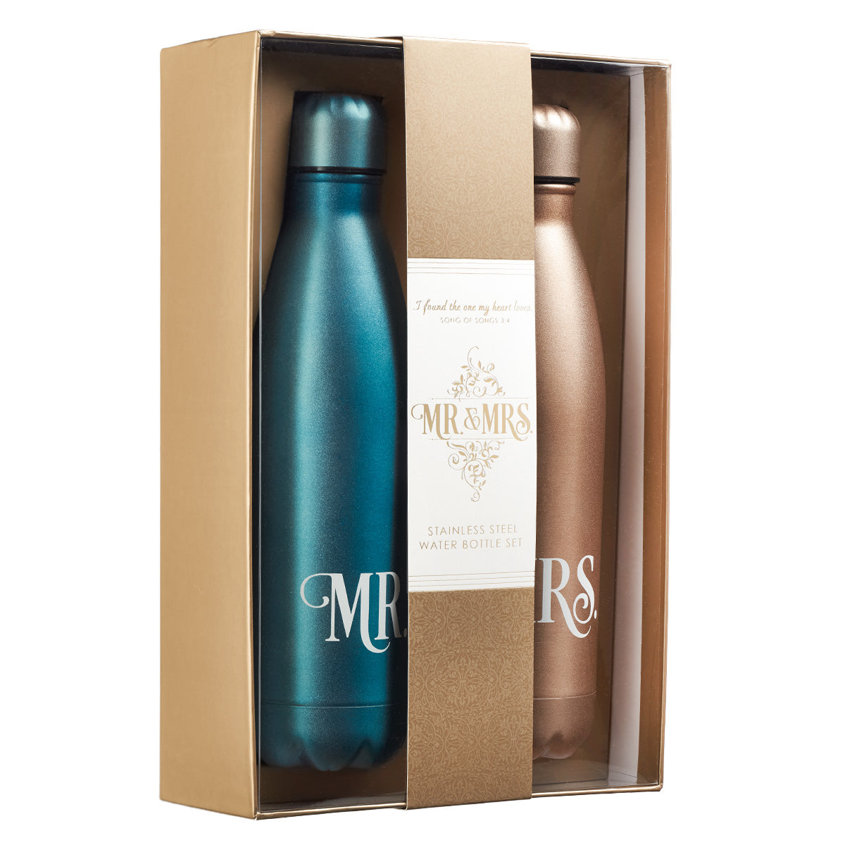 Image of Mr and Mrs Blue and Gold Stainless Steel Water Bottle Set other