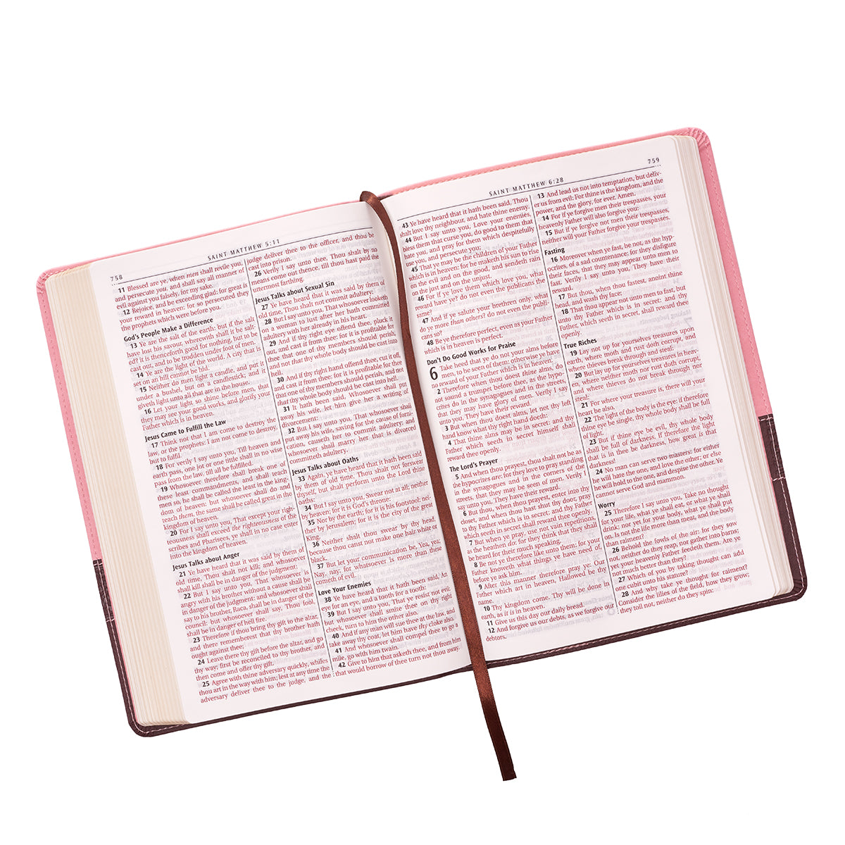 Image of KJV Large Print Bible, Brown and Pink, Imitation Leather, Red Letter, Verse Finder, Reading Plan, Gilt Edged, Ribbon Marker, Presentation Page, Subheadings other