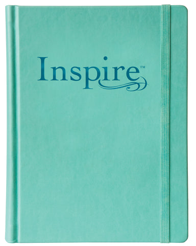 Image of NLT Inspire Colouring, Bible, Turquoise, Hardback, Two-inch-wide ruled margins, Line-art illustrations, Colour-in Scripture art, Ribbon marker, Elastic band closure other