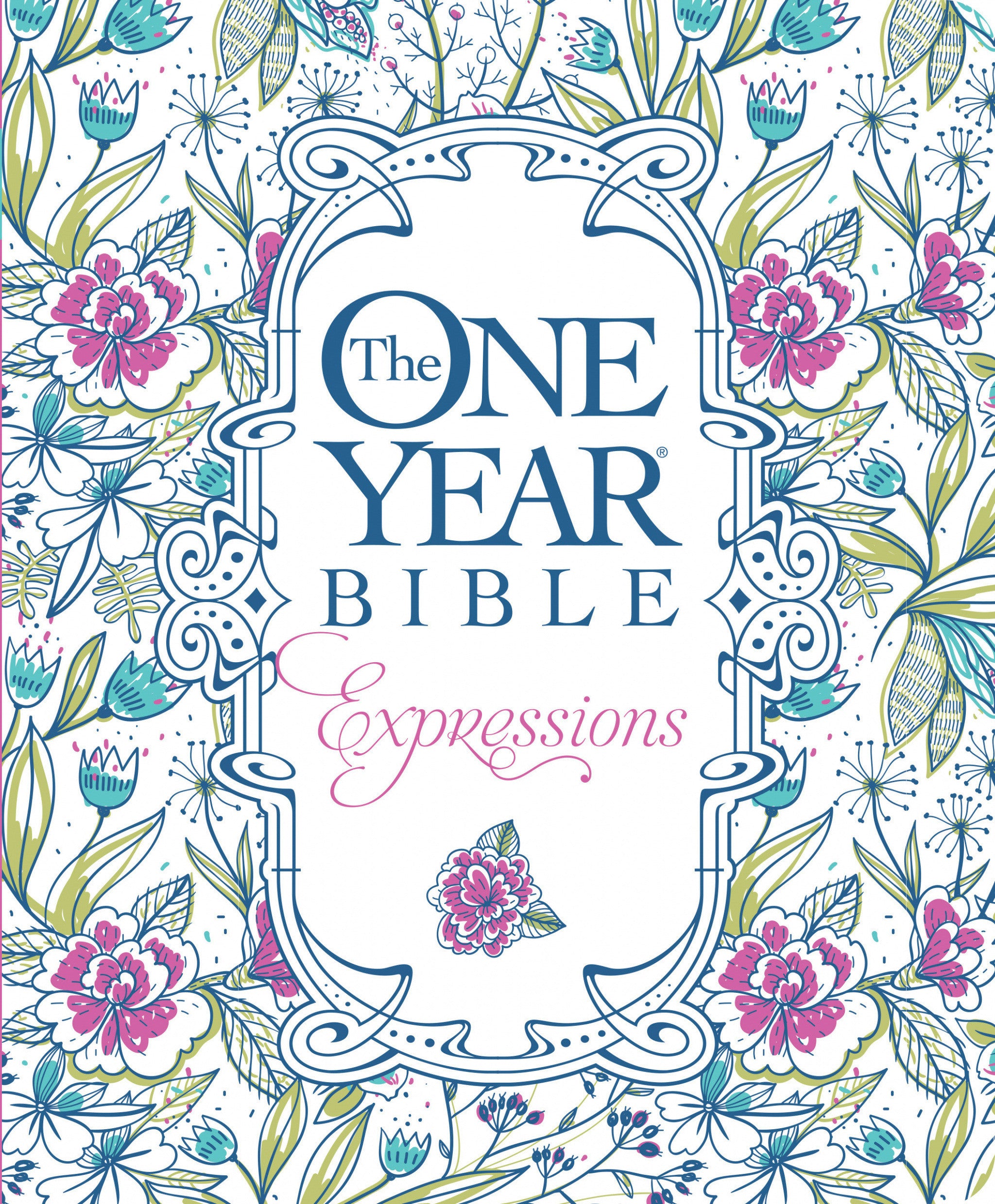 Image of NLT The One Year Bible Expressions Devotional Bible for Women White Paperback Journaling Bible Wide Margin Adult Colouring Devotional Presentation Page Illustrated Bible other