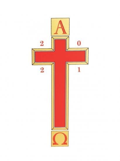 Image of Alpha & Omega with Red Cross/Gold Edging with date - Pack 1 other